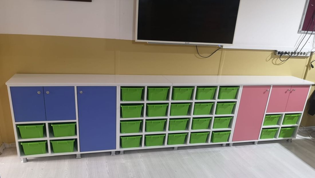 Anasınıfı Kutulu Malzeme Dolabı Seti Anaokulu İçin Renkli Kapaklı ve Kutulu Saklama Sistemi